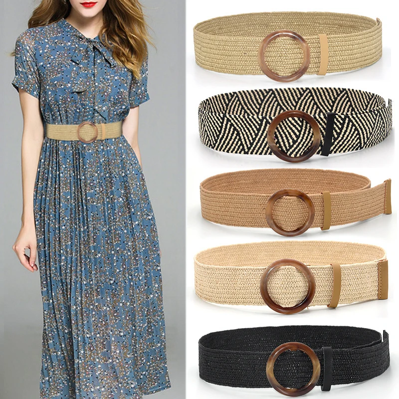

Vintage Boho Stripe Braided Waist Belt Solid Round Wooden Buckle Waistband Fake Knit Straw Wide Belts for Women Dress Accesories