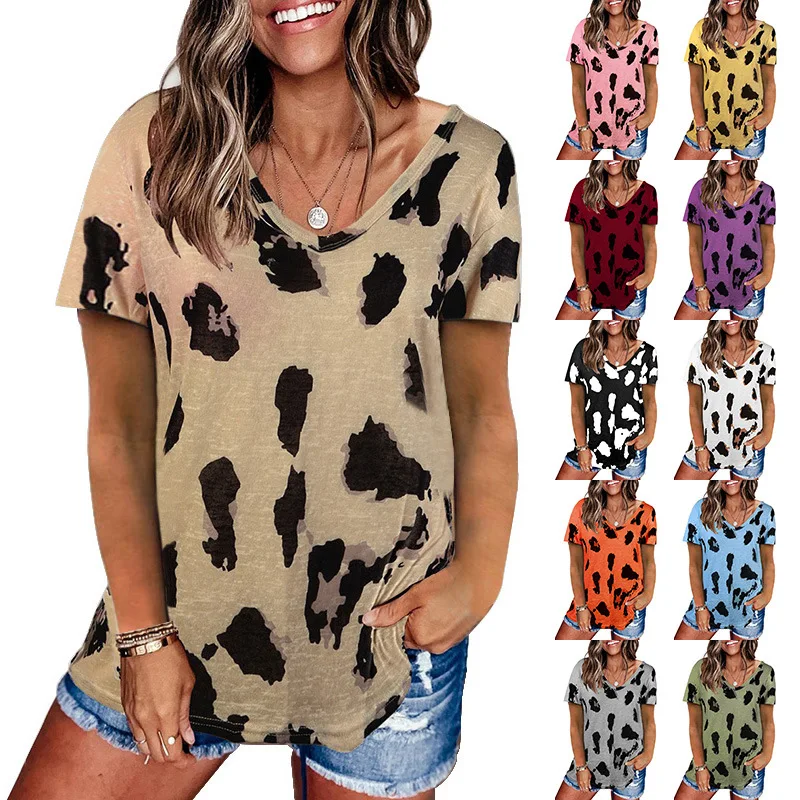 

Spring and summer 2021 new European and American explosive women's leopard print loose-fitting short-sleeved T-shirt women's top