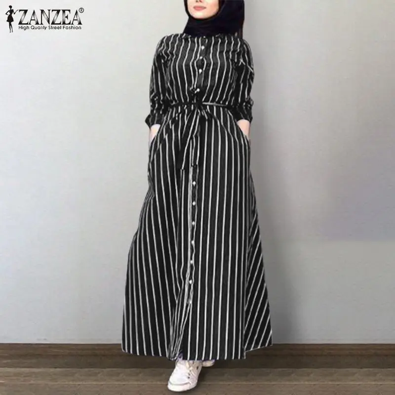 Платье ZANZEA женское винтажное в полоску, повседневный хиджаб из индейки, с отложным воротником и длинным рукавом, мусульманская Мода