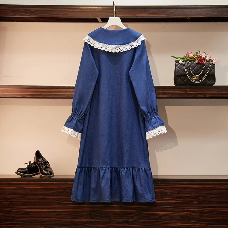 Осеннее длинное свободное платье большого размера с кукольным воротником в