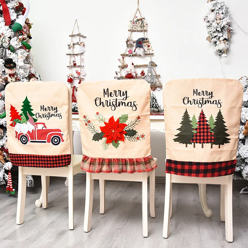 

2022 Christmas Tree Chair Cover Cute Car Flowers Print Chair Case Linen Dining Chair Protector Xmas New Year Chair Slipcover