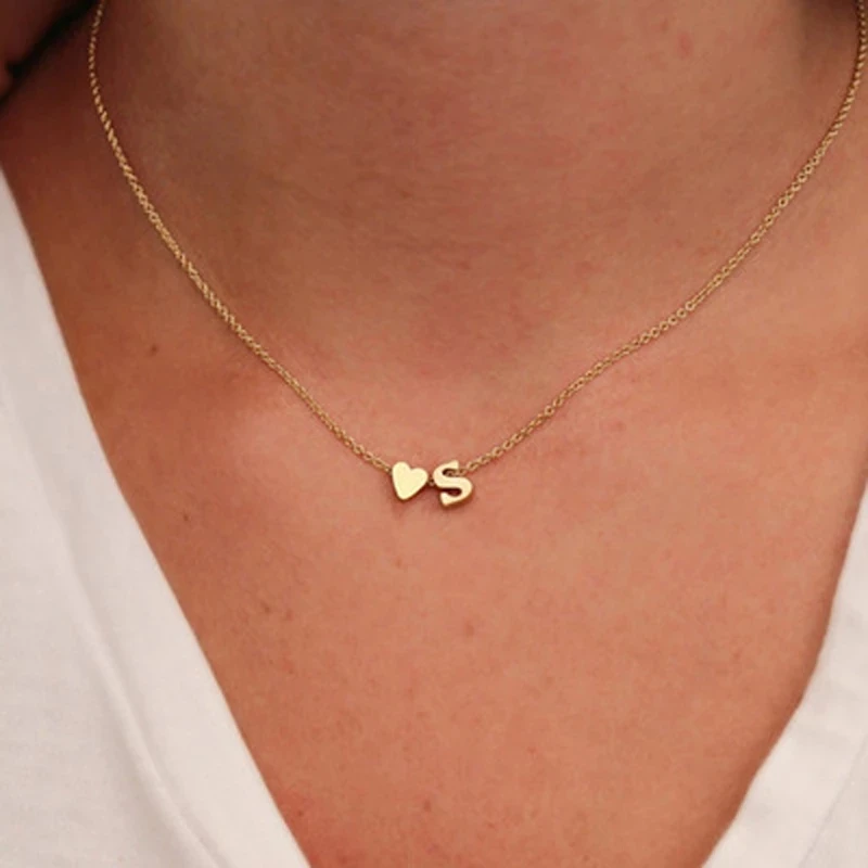 

Fashion Tiny Heart Dainty Initial Necklace For Women Gold Silver Letter Name Choker Alphabet Pendant Chain around the neck colla