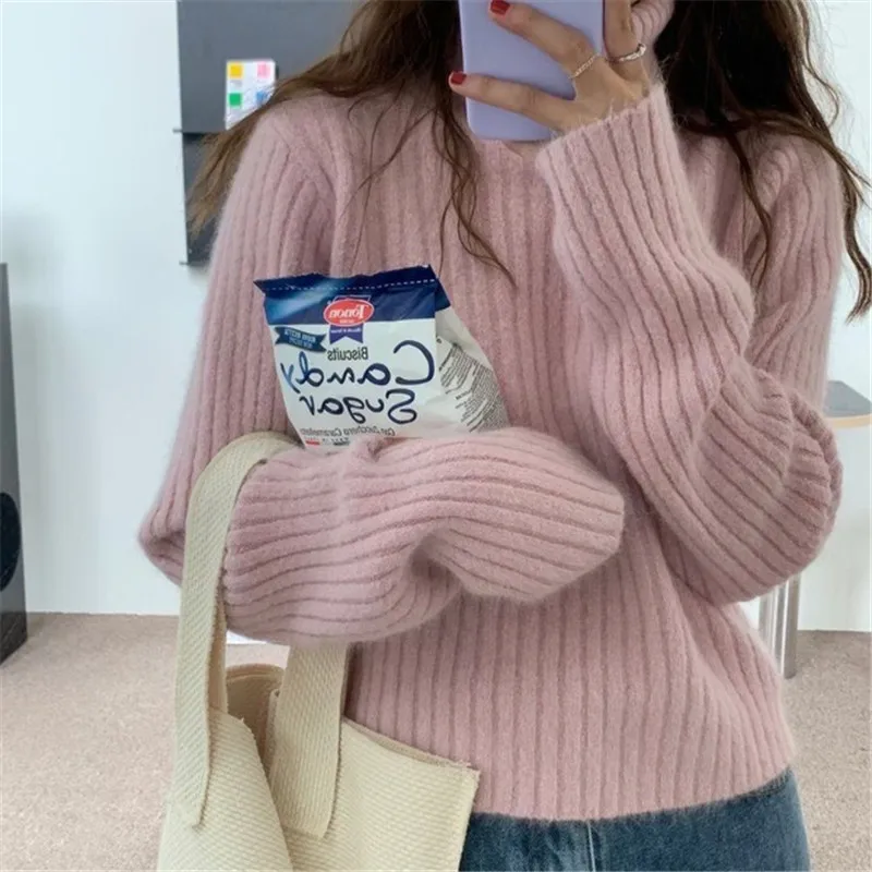 

Свитер женский, однотонный, в полоску, с высоким воротником