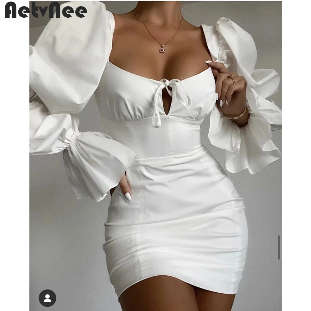 

AetvNee Solid Bodycon Mini Dress Women Sexy Vestidos Fall Puff Sleeve Bandage Backless Stretchy Sheath Party Night Club Dresses