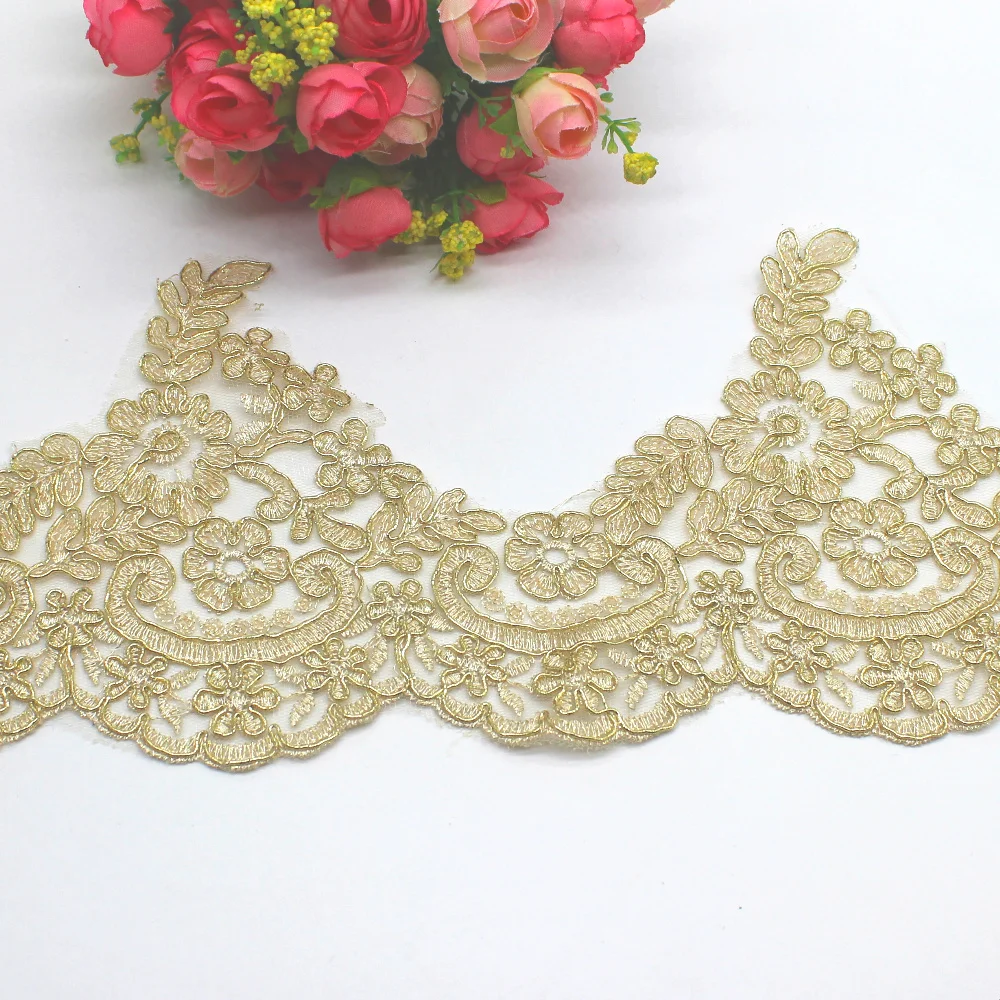 Champagne Gold 14CM Золотая вышитая кружевная ткань для свадебного платья, самодельная одежда, аппликация цвета шампанского, Золотая кружевная отделка, зубчатые свадебные пояса 13 см-32 см - Цвет: Champagne Gold 14CM