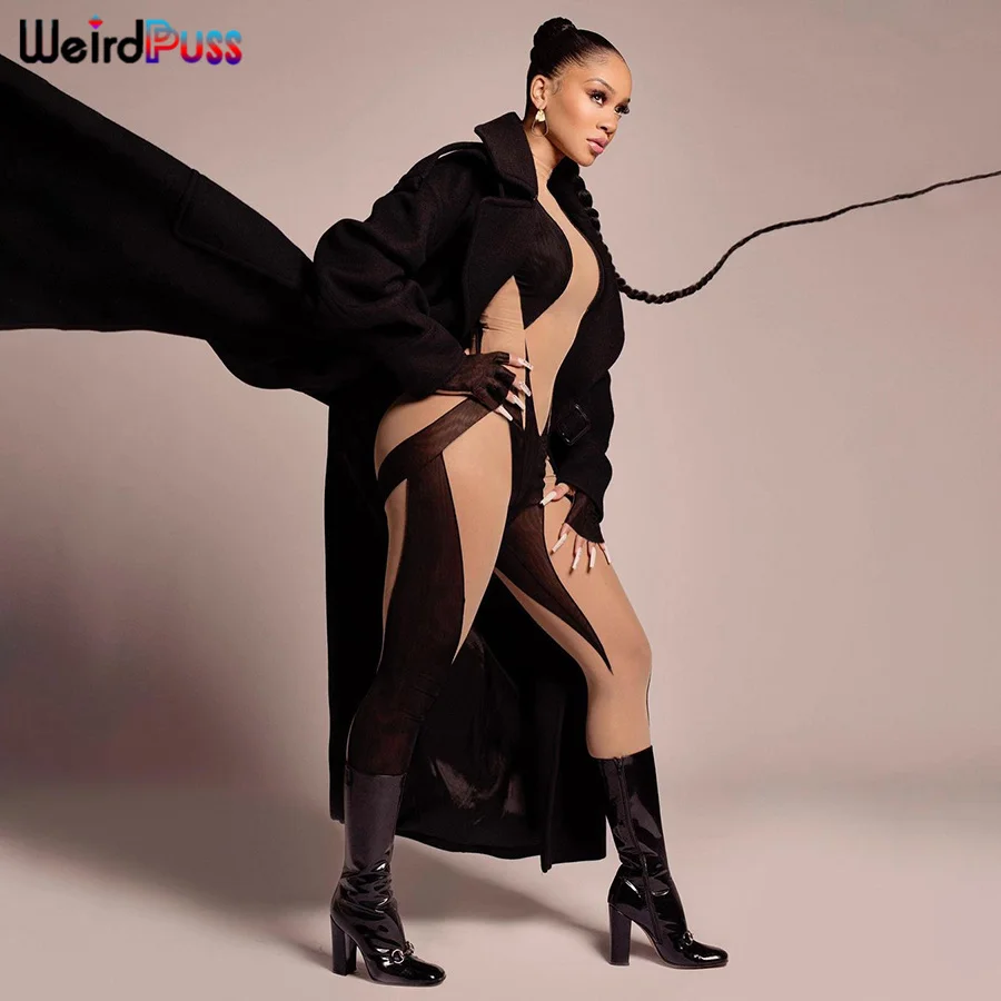 

Weird Puss Patchwork Skinny Jumpsuits Long Sleeve O-Neck Fitness Sporty Stretchy Streetwear Casual Bodycon Workout Activewear