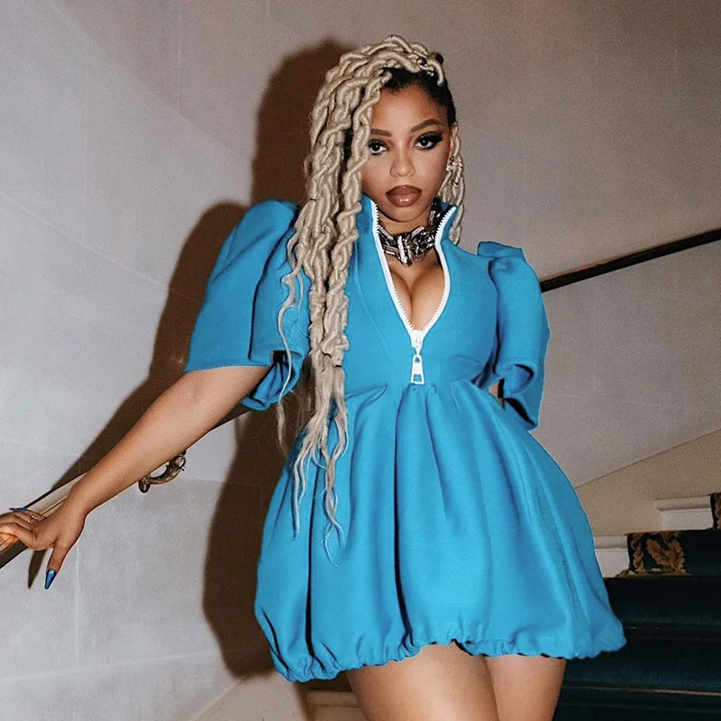 

Women Blue Sexy Mini Dress 2021 Fall New Casual Zipper Hem Drawstring Puff Sleeve Short Sleeve Dress Vestido Fashion Streetwear