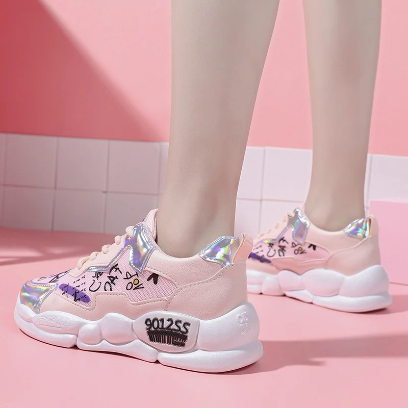 Women Running Shoes Pink Sneakers New Laser Graffiti Autumn Ladies Platform Breathable Gym Sports Triple-S Walking | Спорт и