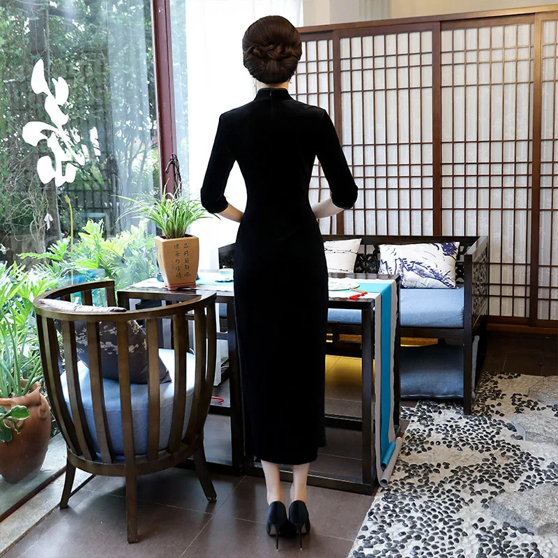 Осенне-зимнее бархатное длинное приталенное платье Ципао большого размера с