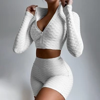 stretch solid yoga set front zipper long sleeve crop topelastic high waist skinny short legging casual women tracksuits 2021