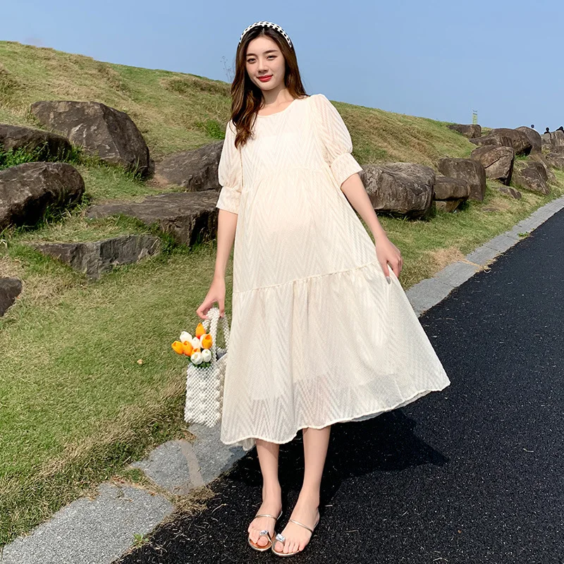 

Fashion Summer Dress Long Skirt Thin White Round Neck Maternity Dress Short Seleeve Skin-Friendly Sundress for Pregnant Women