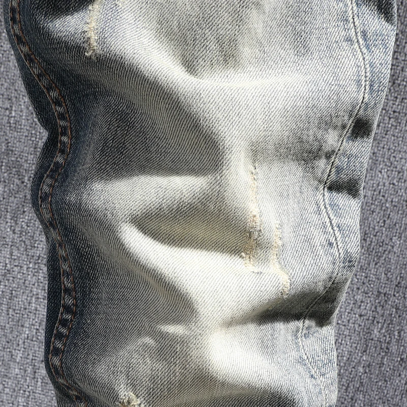 Newly Vintage Fashion Men Jeans High Quality Retro Yellow Blue Slim Fit Ripped Jeans Men Distressed Designer Casual Denim Pants