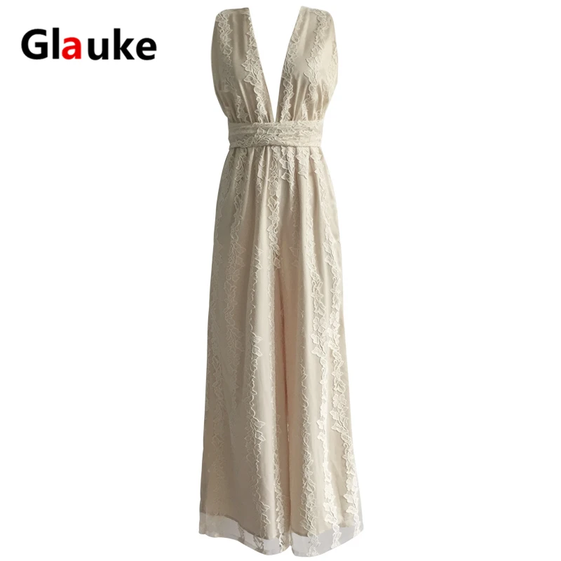 Женский Длинный комбинезон с V-образным вырезом кружевной открытой спиной и