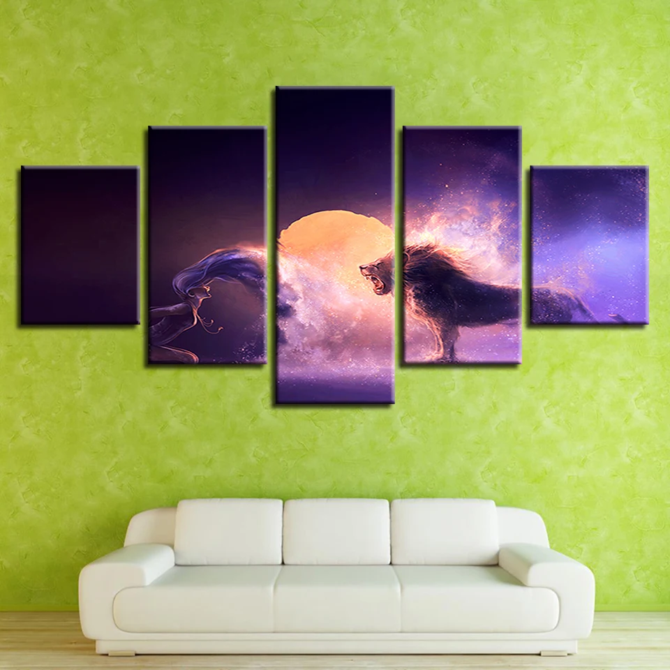 Декор стен комнаты художественные картины печатные 5 штук животные Лев и женщина