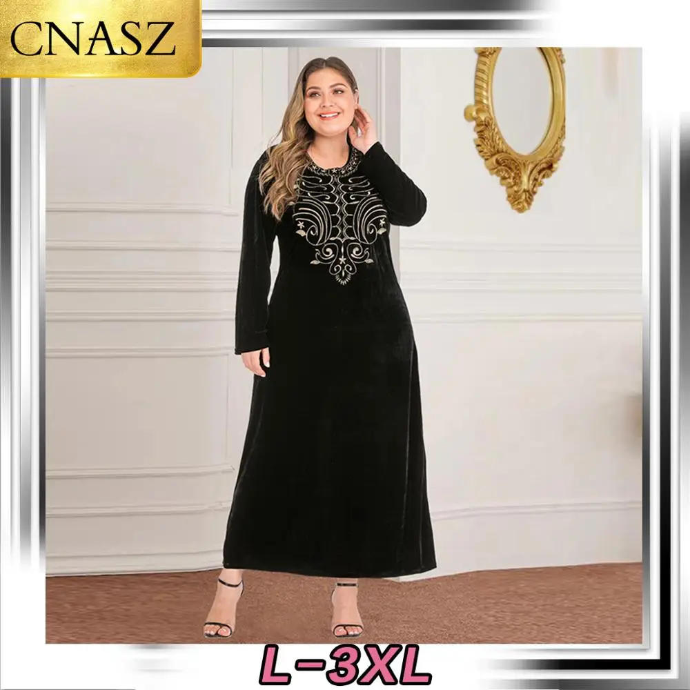 

Elegant Muslim Dress Arabic African Large Size Women's Islamic Long-Sleeved Casual Embroidered Gold Velvet Dubai Turkey Dress