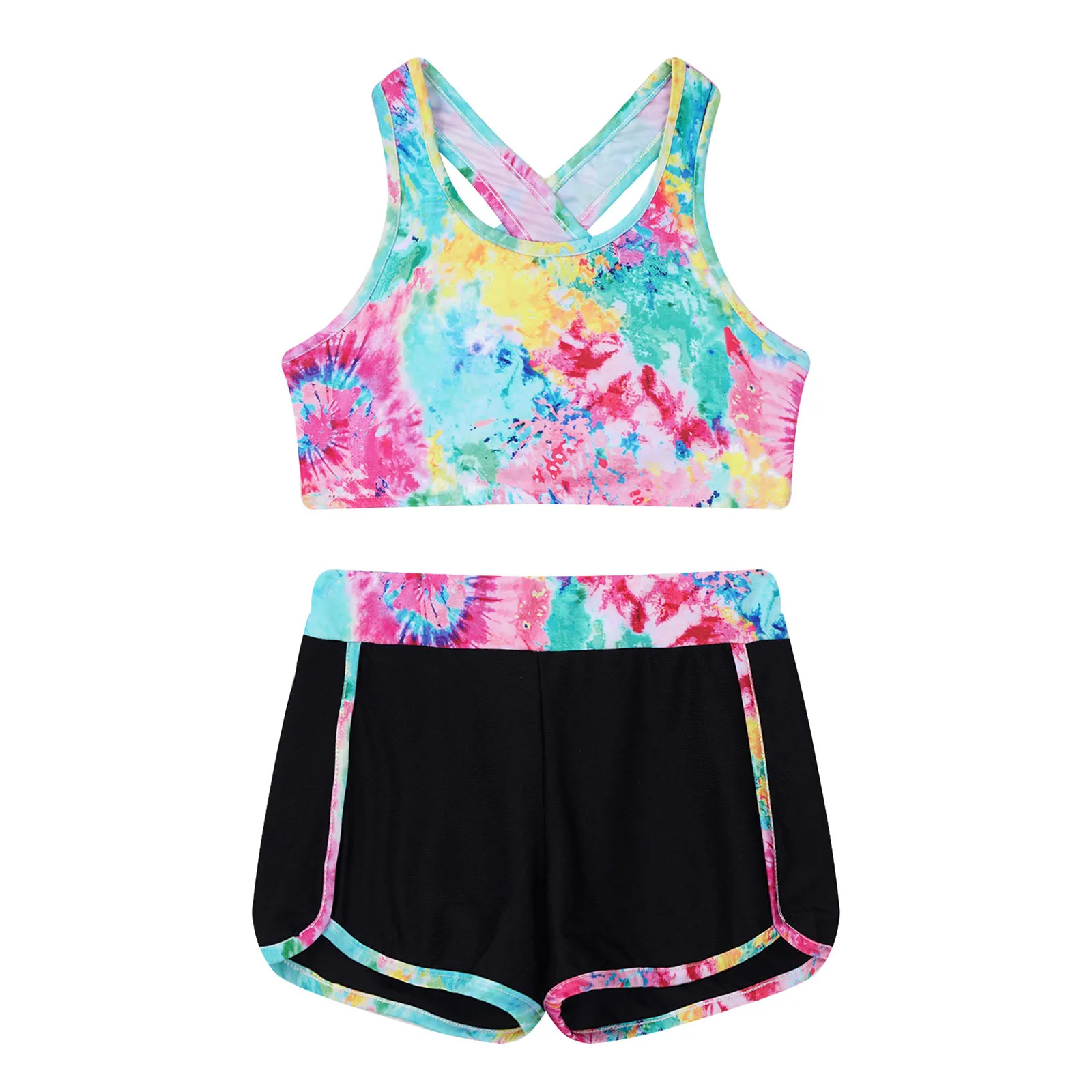 

Kids Girls Tops And Shorts Set Swimwear Sleeveless Straps Criss Cross Open Back Print Crop For Beach Pool Swimming Bathing