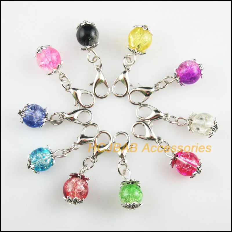 

20Pcs Tibetan Silver Tone Flower Caps Retro Mixed Shivering Glass 8x15mm With Lobster Claw Clasps Charms