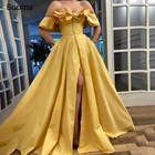 Желтые Выпускные платья с открытыми плечами без бретелек с оборками из тафты Вечерние платья с пуговицами до бедра с разрезом Длинные вечерние платья а-силуэта