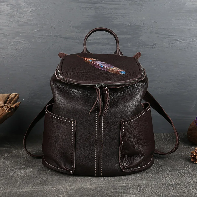 

Cowhide Leather Backpack Women Large Capacity Travel Bag Vintage Feather Embossed Solid Color Ladies Original Brown Black Bags