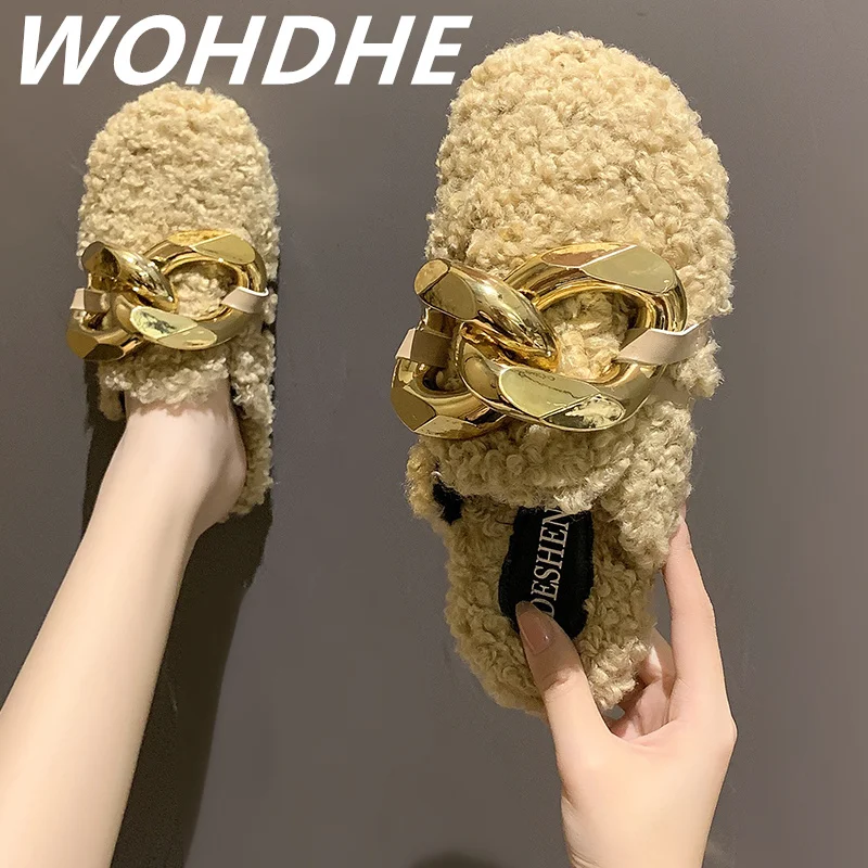

WOHDHE женские тапочки, сандалии, зимняя обувь для дома и улицы, Удобные однотонные шерстяные плюшевые мягкие блестящие