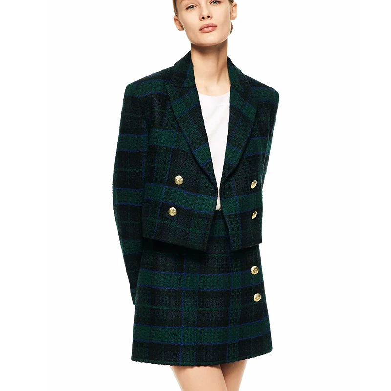 

ZASpring Autumn Women 2 Pieces Plaid Skirts Blazer Set ZA Fashion Tops+Skirts Office Lady Double Breasted Suits Female Plus Size