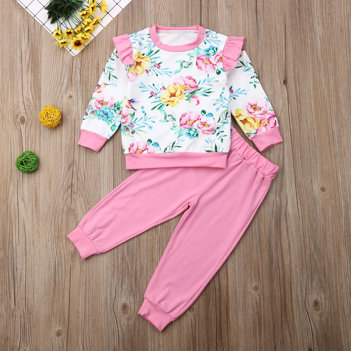 Kid Baby Girl Flower Clothes Ruffle Top T-Shirt Long Sleeve Coat / Sweatsuit Solid Pants Leggings Autumn Outfit Sets | Детская одежда и
