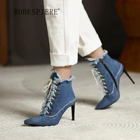 robespiere new ladies washed denim stiletto heels trendy lace up womens shoes pointed toe and ankle shoes b216