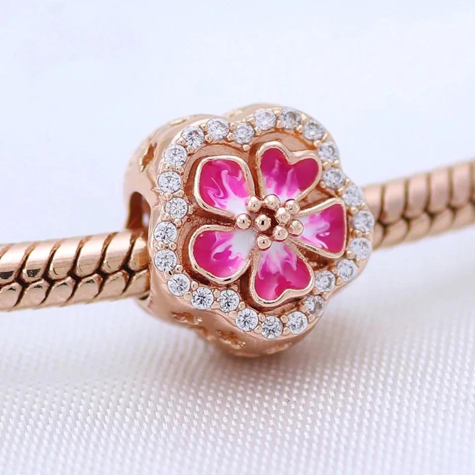 Новейший микро-usb адаптер серебряные бусины 925 пробы Розовый Дейзи цветок с