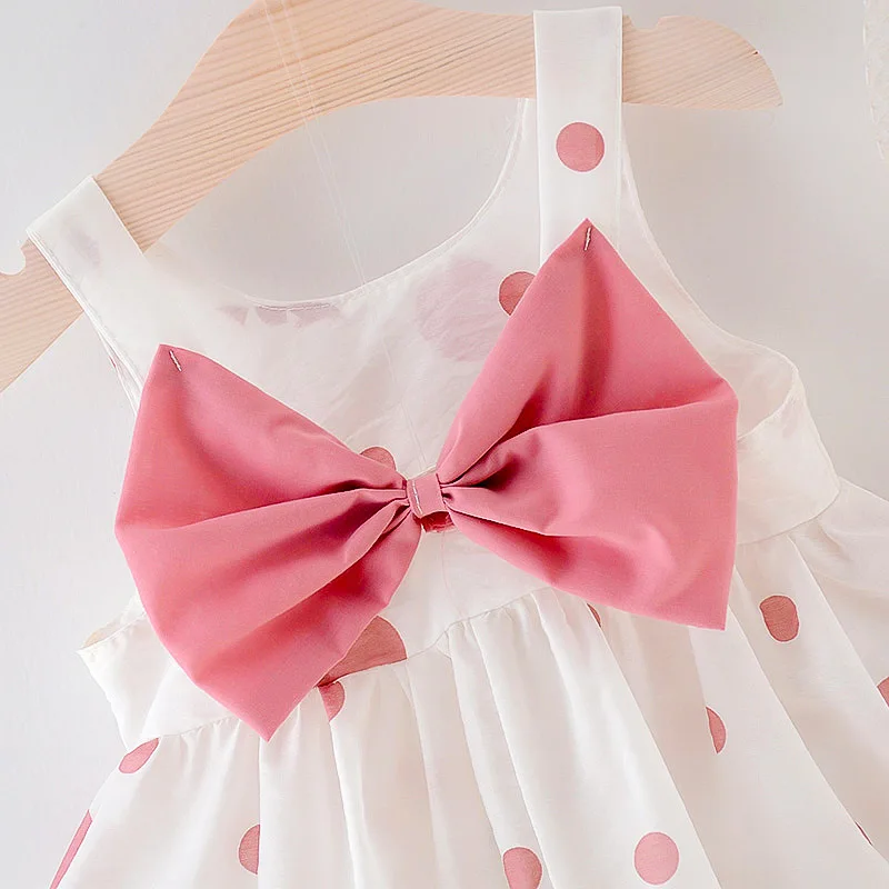 Повседневное летнее платье 3 цвета милое с большим бантом в горошек для девочек