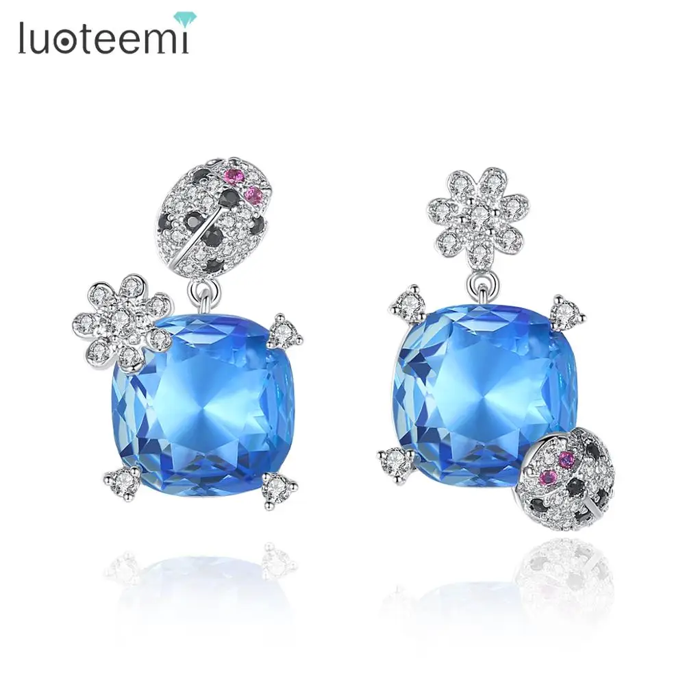 Симпатичные цветные серьги подвески LUOTEEMI в форме жука и цветка с синим/красным