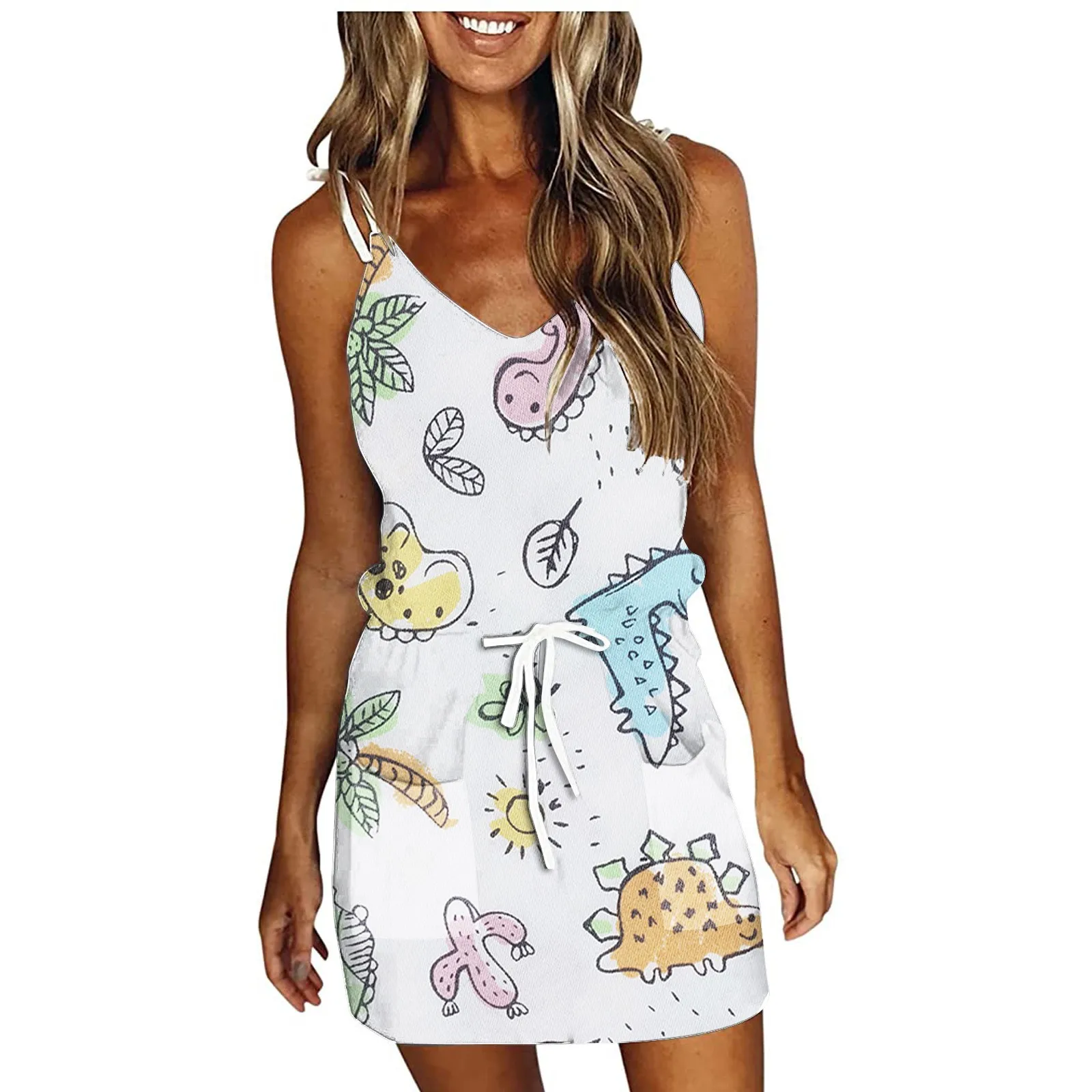 

Женское модное платье на бретельках без рукавов, свободное платье с V-образным вырезом, повседневное пляжное мини-платье с цветочным принто...