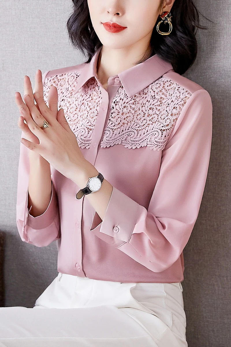 

New Long-sleeved Blouse Polo Collar Korean Tops Comfortable Fashion Blouses Stitching Wire Leisure Summer Pure Color