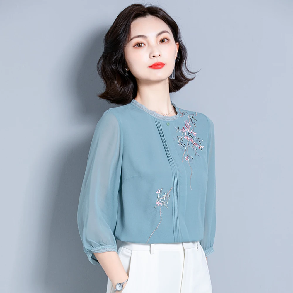 New Embroidery Blouse Shirt Women 3/4 Sleeve Fashion Woman Blouses 2023 Summer Womens Tops and Blouses Female Casual Clothing