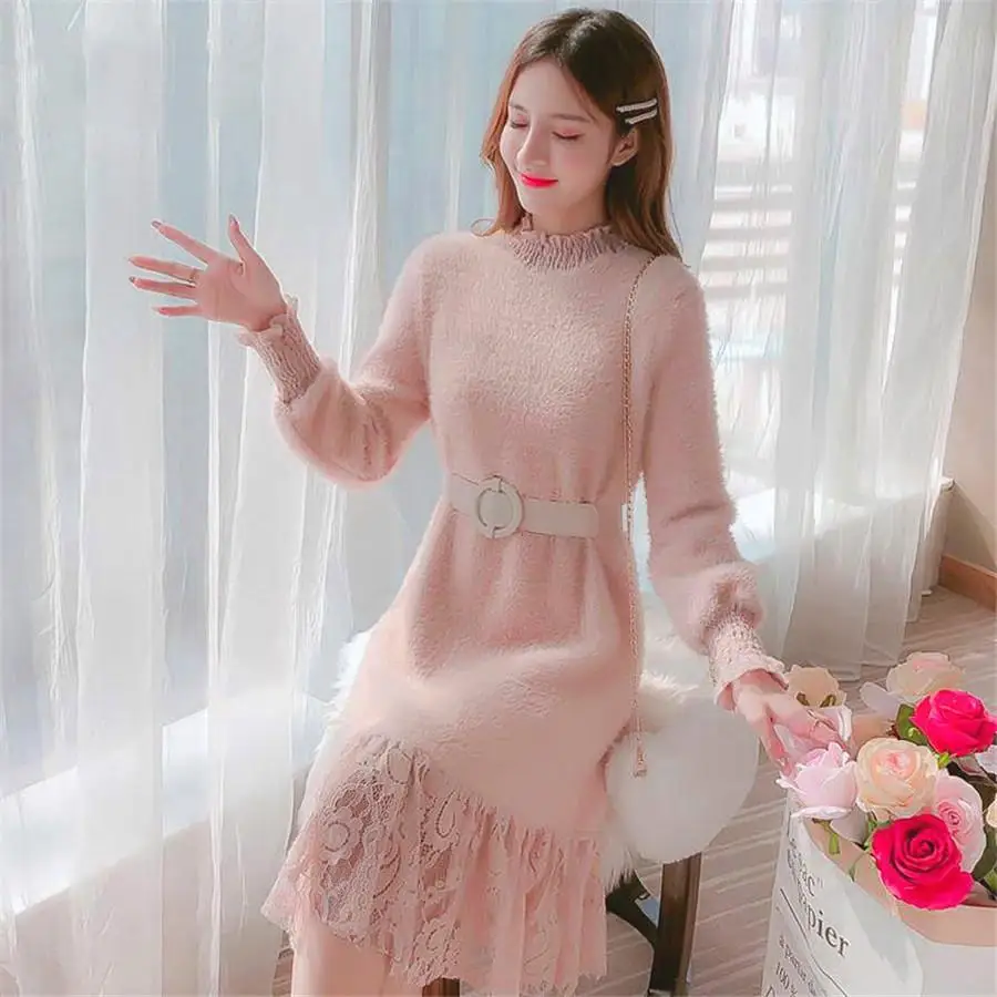 

Direcly2019 spring and autumn and winter new ladies temperament dress ladies knitted stitching mesh lace dress girl