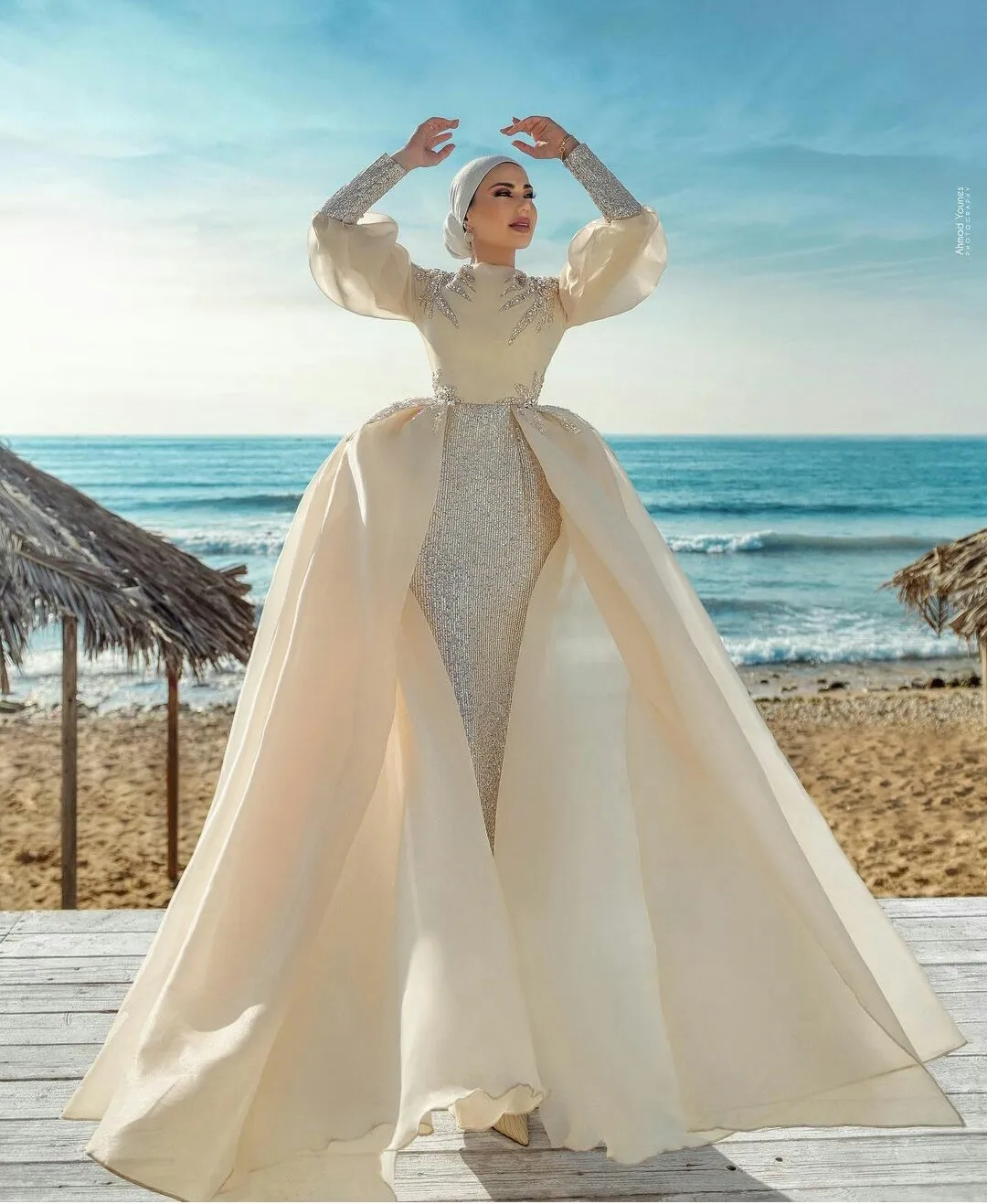

Vintage Muslim Wedding Dresses with Detachable Skirt Lace Sequin Long Sleeve Country Wedding Dress Custom Made Vestidos De Novia