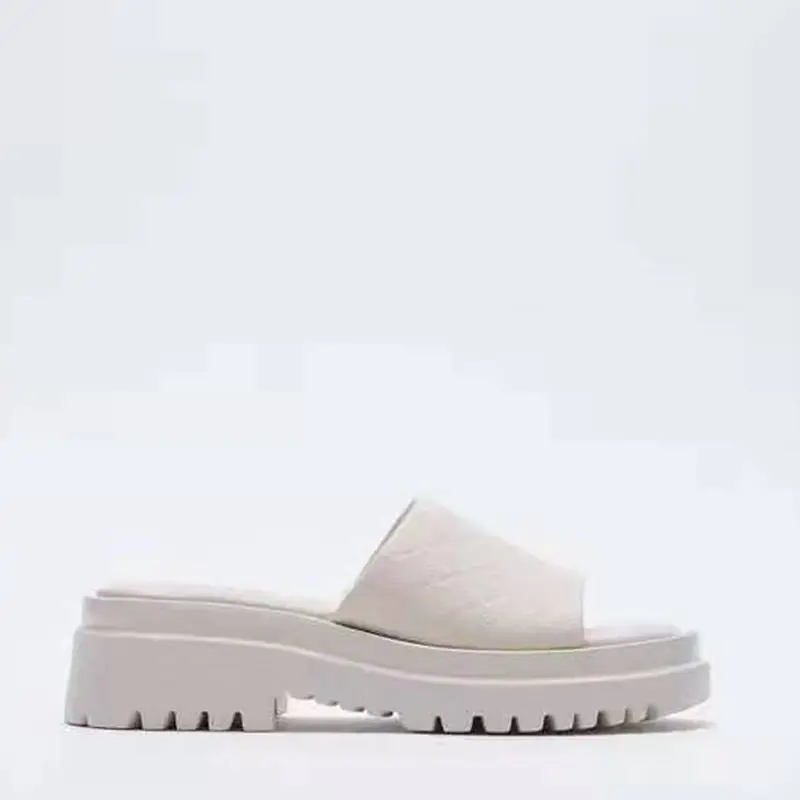 

Female Shoes House Slippers Platform Slides Beige Heeled Sandals Med 2021 Flat Soft Black Scandals Casual Solid Microfiber Rubbe