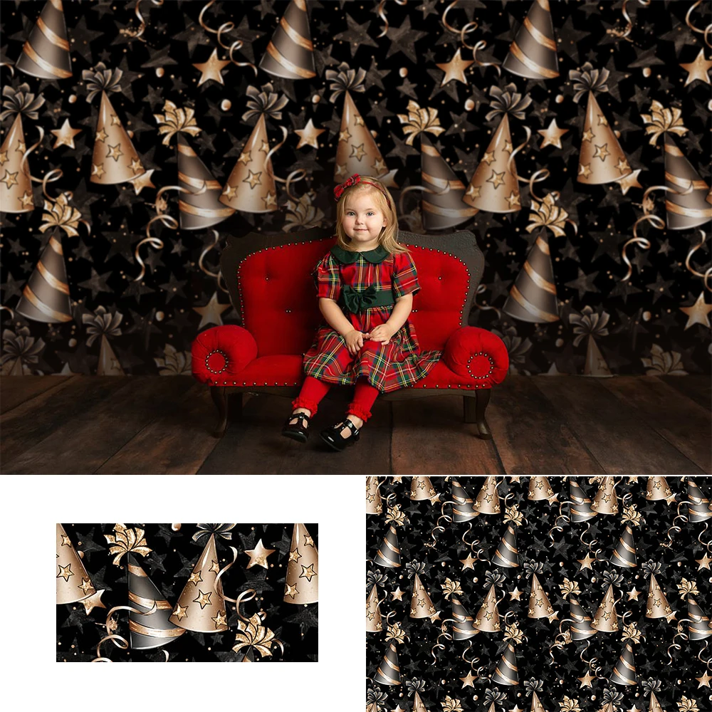 

Child Birthday Party Decoration Photography Background Gold Hat Backdrop Birthday Cake Smash Black Stage Background Prop