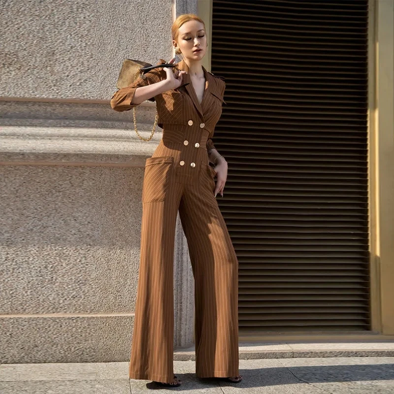 Женский Летний Новый Полосатый слитный комбинезон в стиле милитари Элегантный