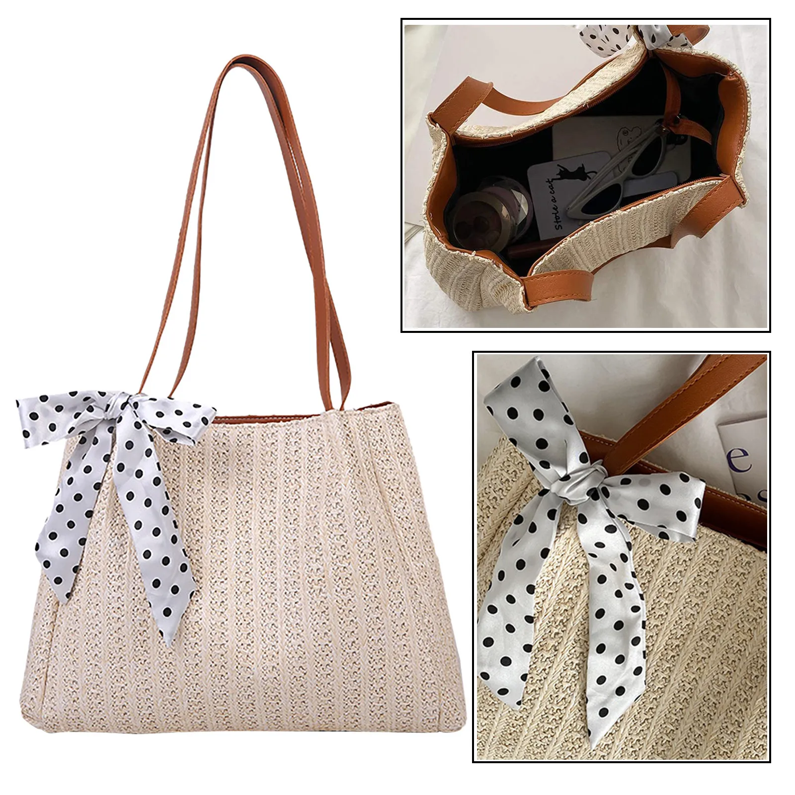 

MAIOUMY Women's Summer Handbag Large Capacity Single-shoulder Bag Bow Straw Woven Beach Underarm Bag Simple Japanese style