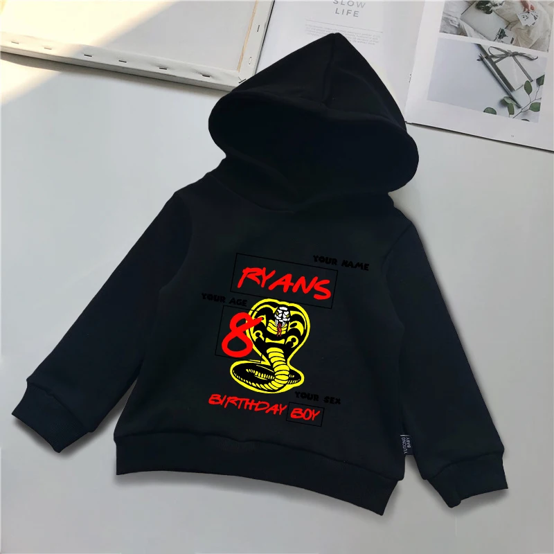 

2021 Number 1-9 Cartoon Cobra Personalized Hoodies Kid Happy Birthday Funny Boys Girls Sweatshirts Cobra Kai Custom Children's