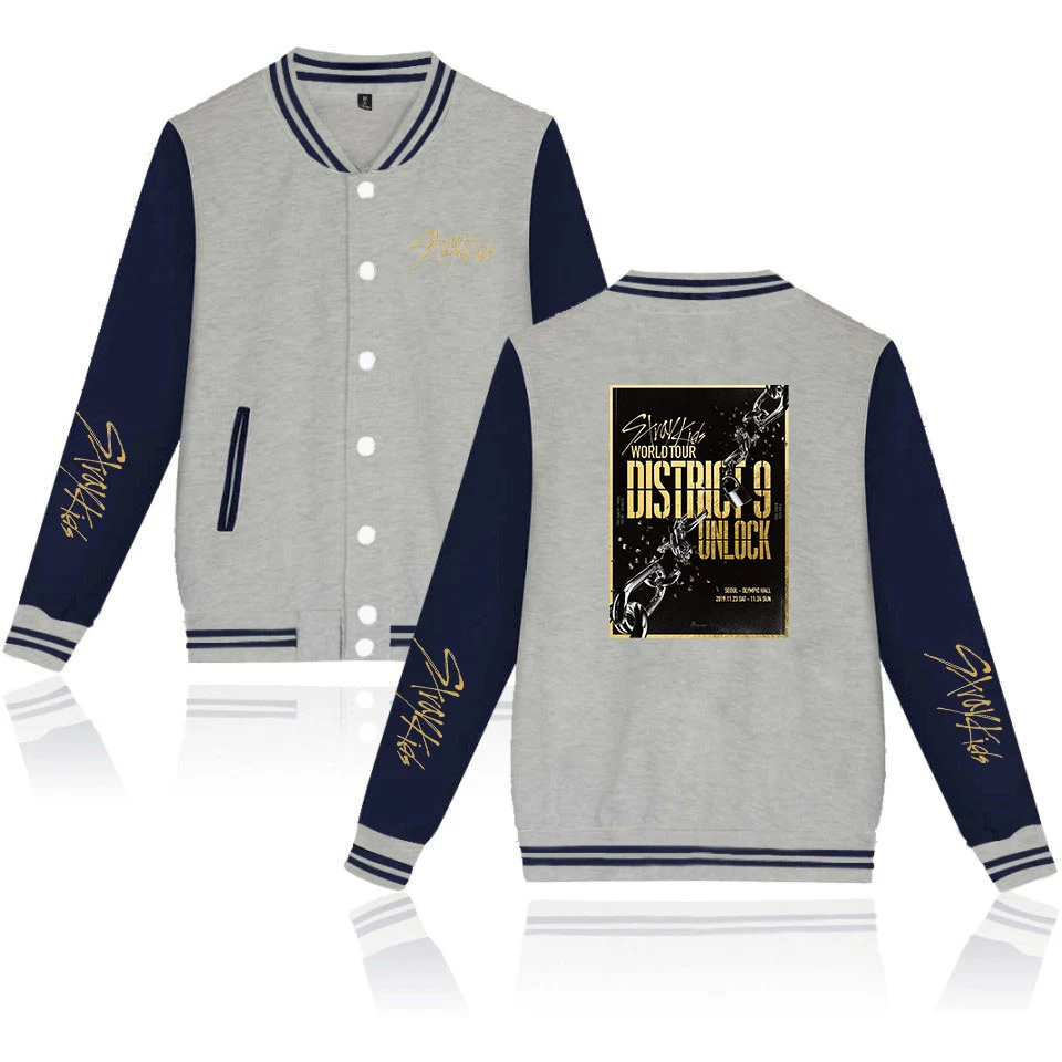 New 2020 Stray Kids Their World Tour District 9 Unlock 2D Print Baseball Sweatshirt Casual Jacket Men/women Clothes | Мужская одежда