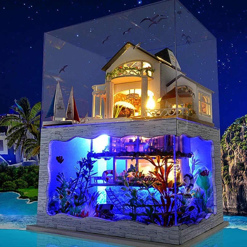 diy miniature dollhouse kit big houses sea villa wooden doll house with furniture roombox assemble toys kids birthday gifts casa free global shipping