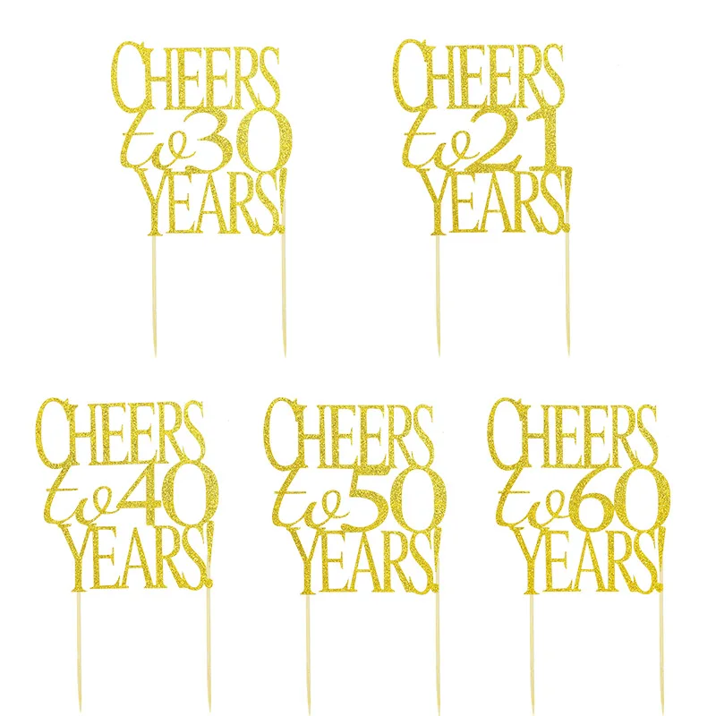 

Gold "hello 21 30 40 50 60"Hand Writing Cake Topper Wedding Anniversary Cake Topper Flags Happy Birthday Party Baking Decoration