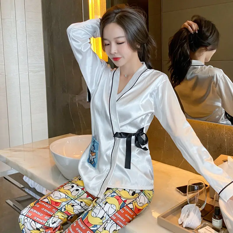 

Pajamas women spring and autumn ice silk long sleeve real silk two piece suit