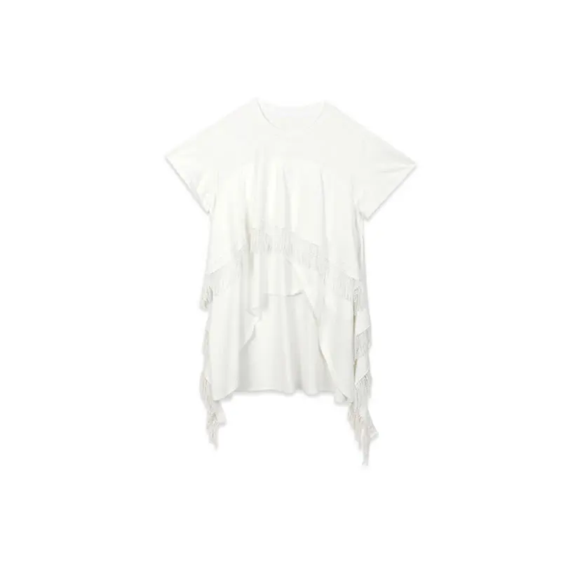 

XITAO Solid White Women T-shirt Lace Tassel Irregular Splicing Women Fashion Casual Loose Summer New Street Trendy Top WMD1329