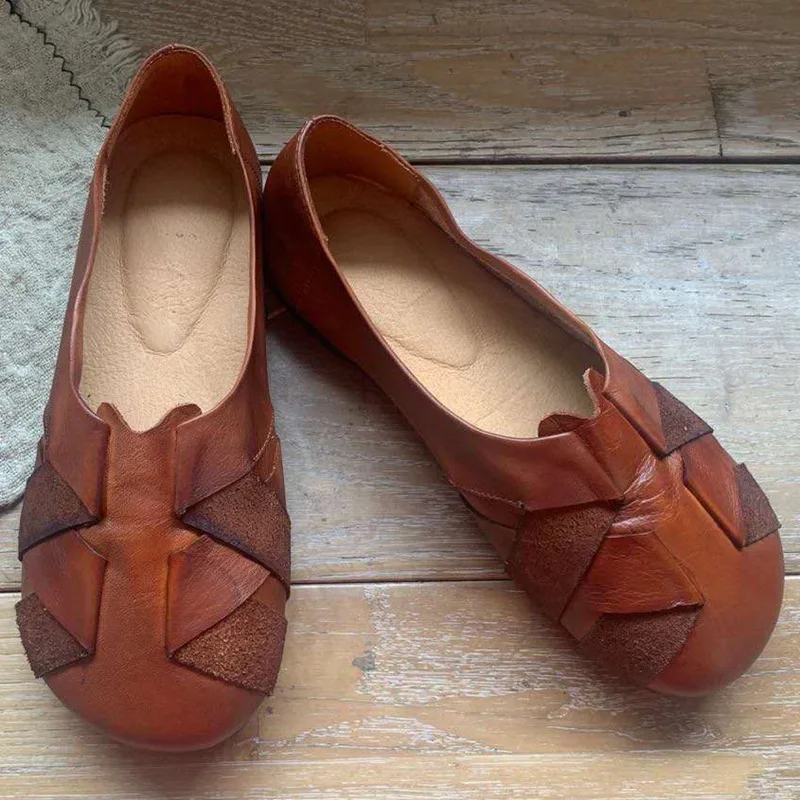 

Careaymade-Mori Vintage Woven New round Head Stitching Soft Genuine Leather Comfortable All-match Set Foot Lazy Women's Shoes