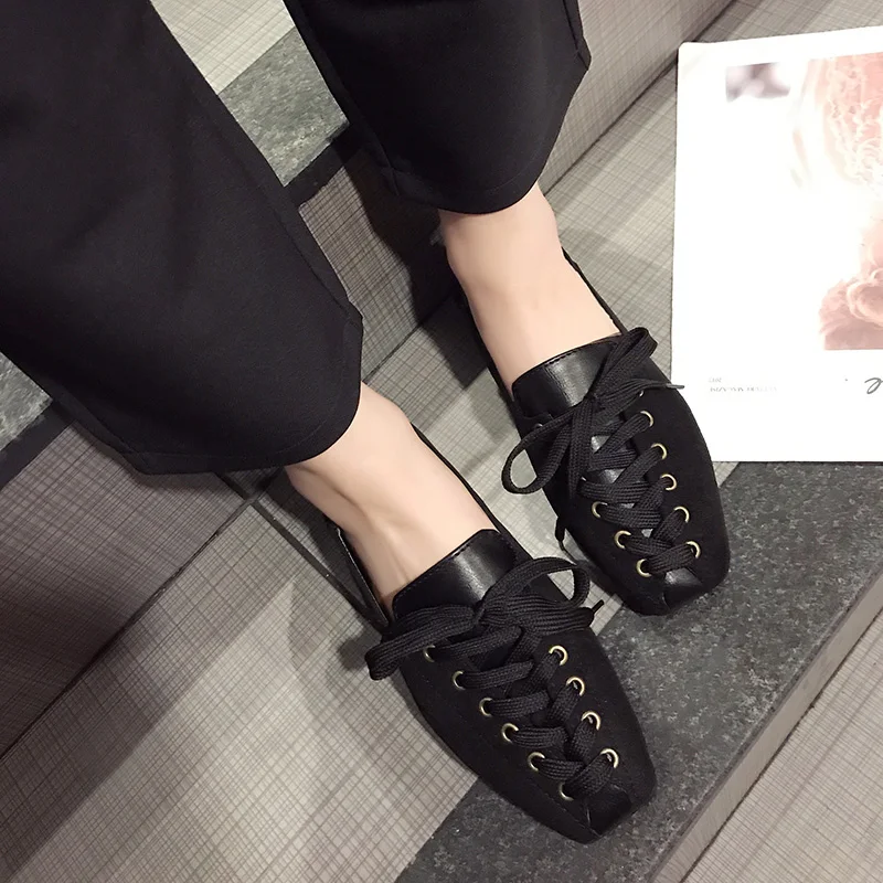 Женские кожаные кроссовки EOEODOIT черные повседневные с квадратным носком на