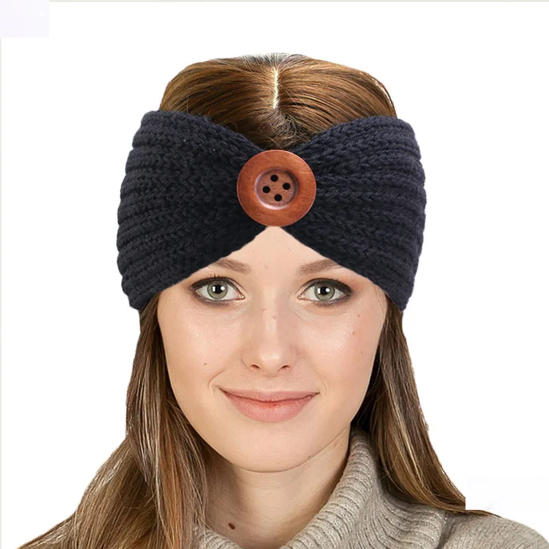 Модные зимние женские богемные деревянные пуговицы вязаный эластичный ободок