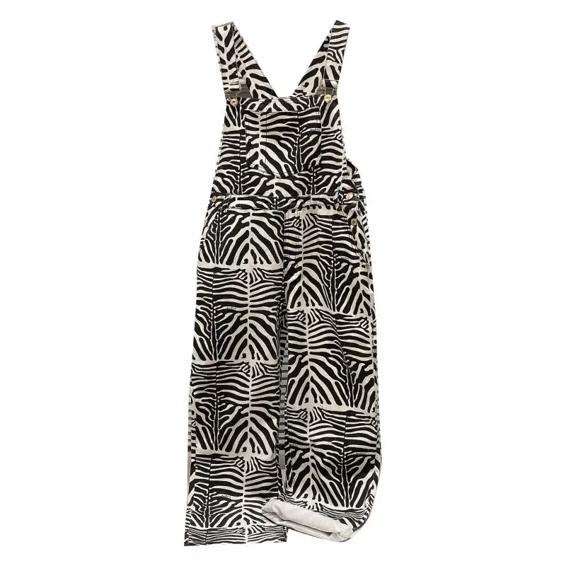 

Women Summer Korean Suspender Pants 2021 Black White Contrast Color Zebra Loose Overalls Female Wide Leg Casual Pants