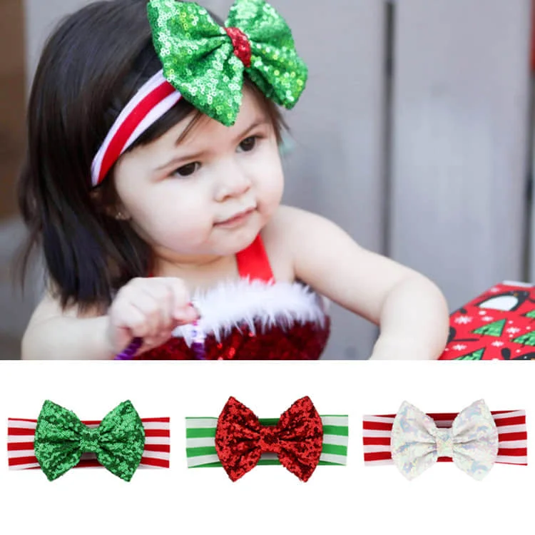 

Baby headband Christmas sequined bow headgear Children striped headband holiday decoration
